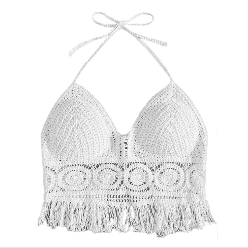 women’s boho crochet halter backless top ( white )